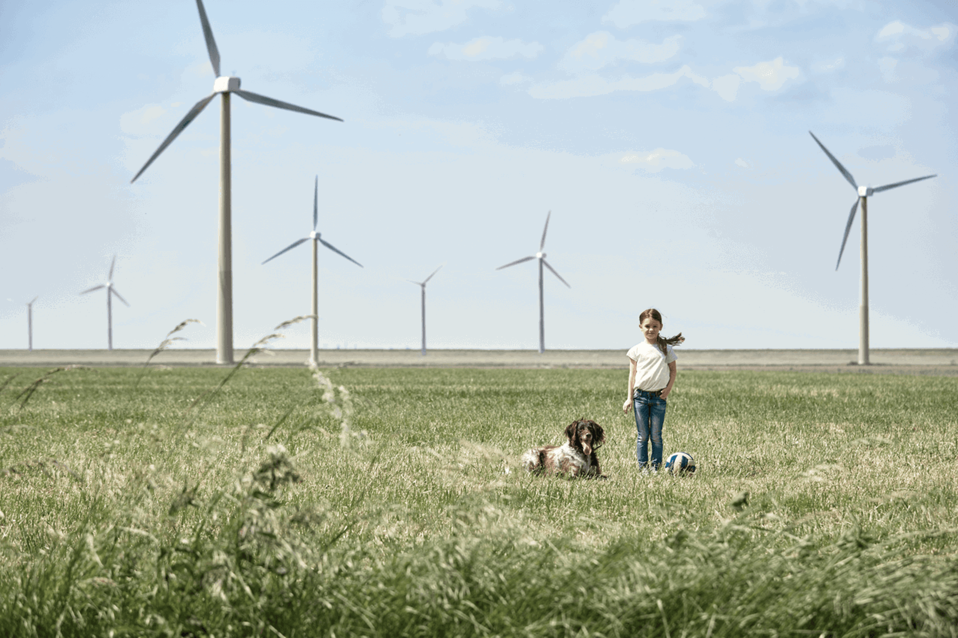 Meisje en hond voor windmolens