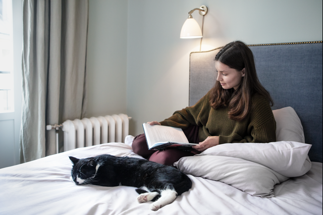Vrouw leest in bed met haar kat bij de radiator